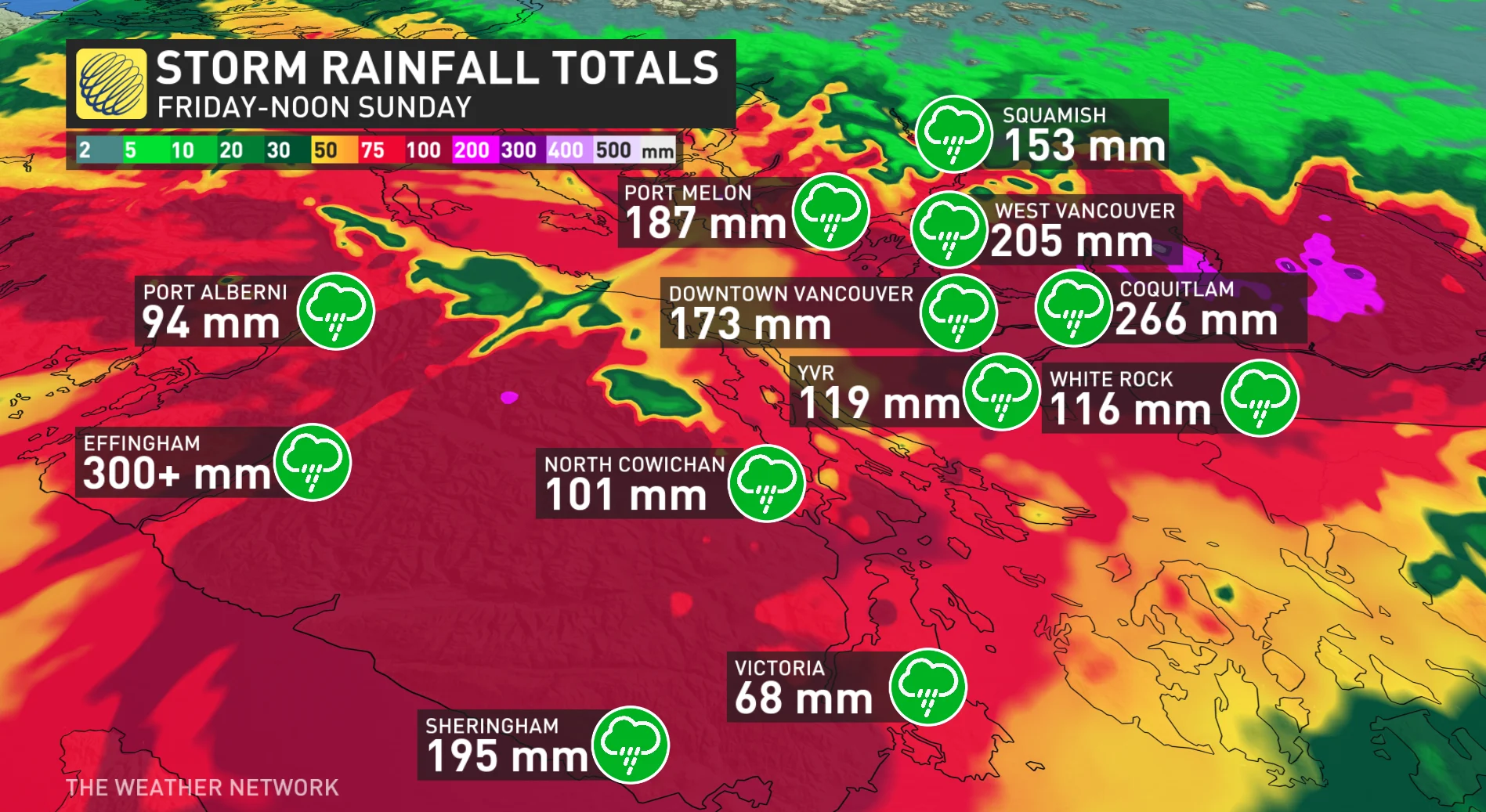 BC Rainfall Totals Noon Sunday