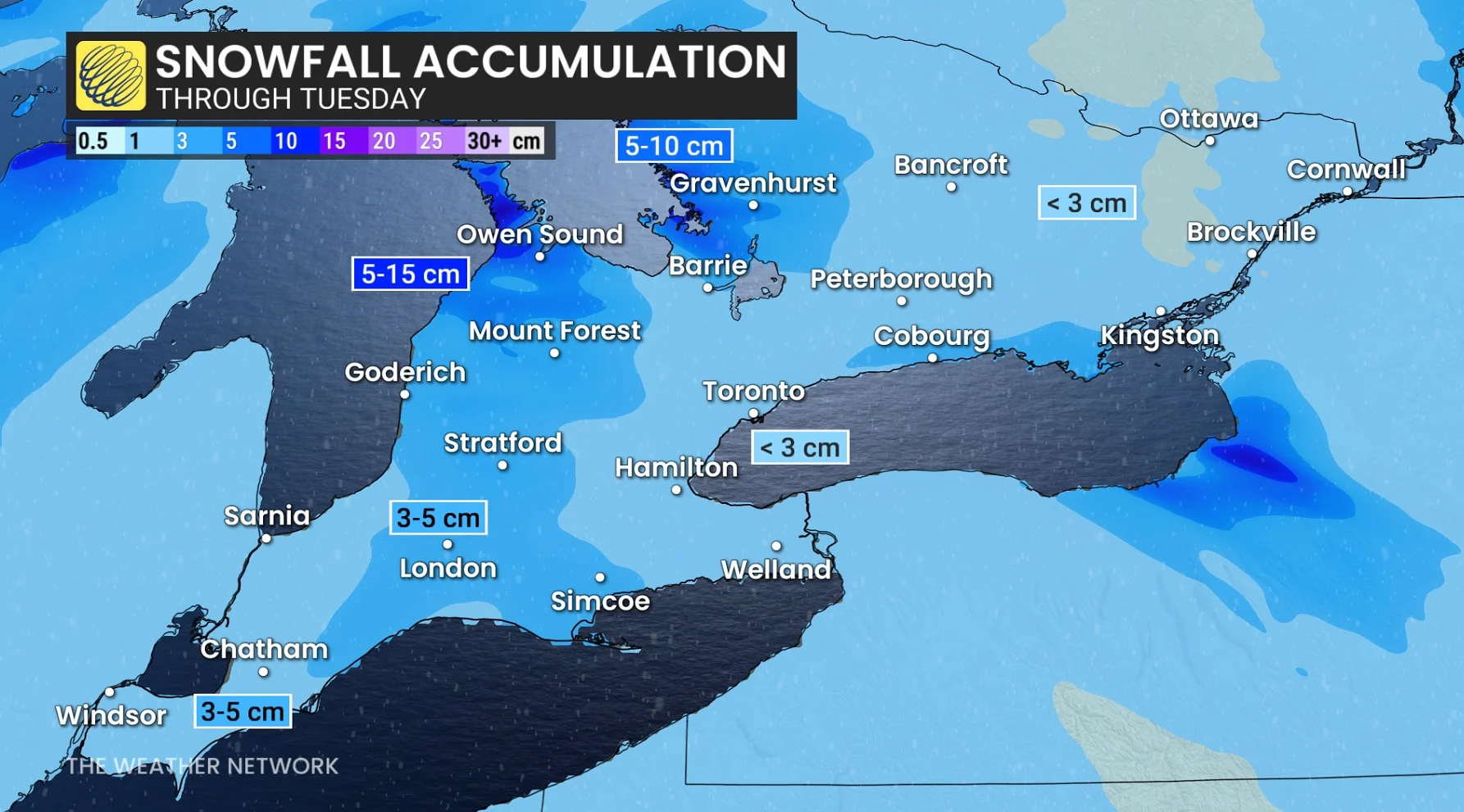 Ontario snowfall through Tuesday