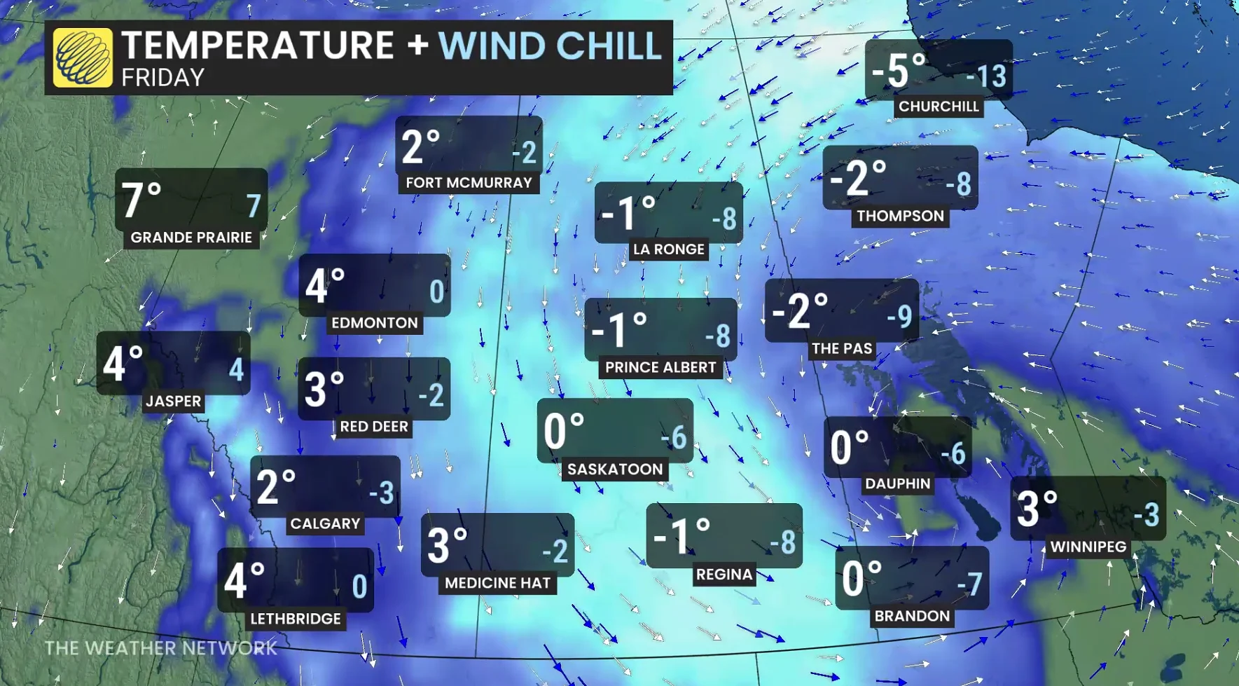 Prairies temperatures and icons Friday