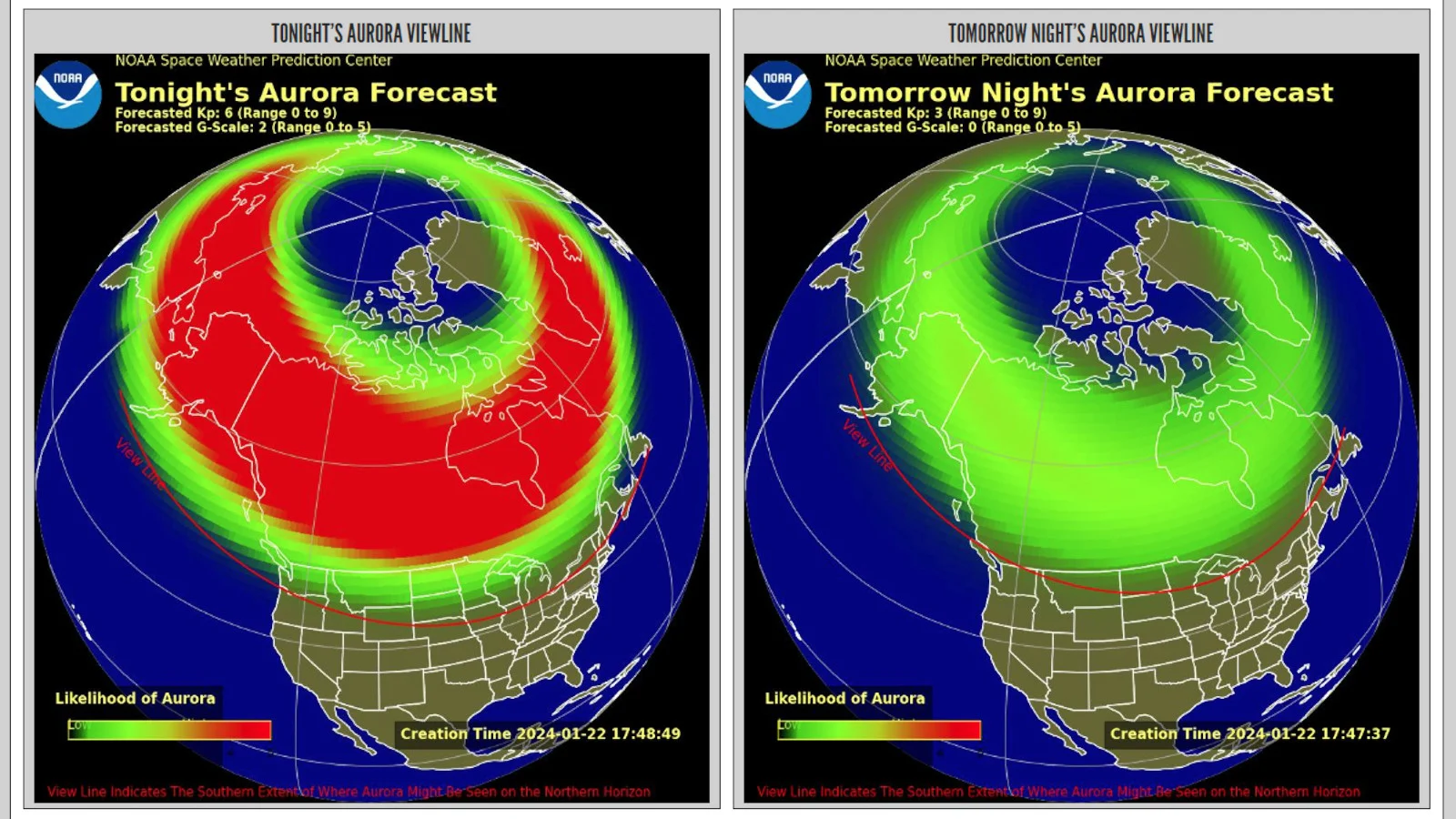 Aurora Visibility - Jan 22-23 2024 - NOAA SWPC