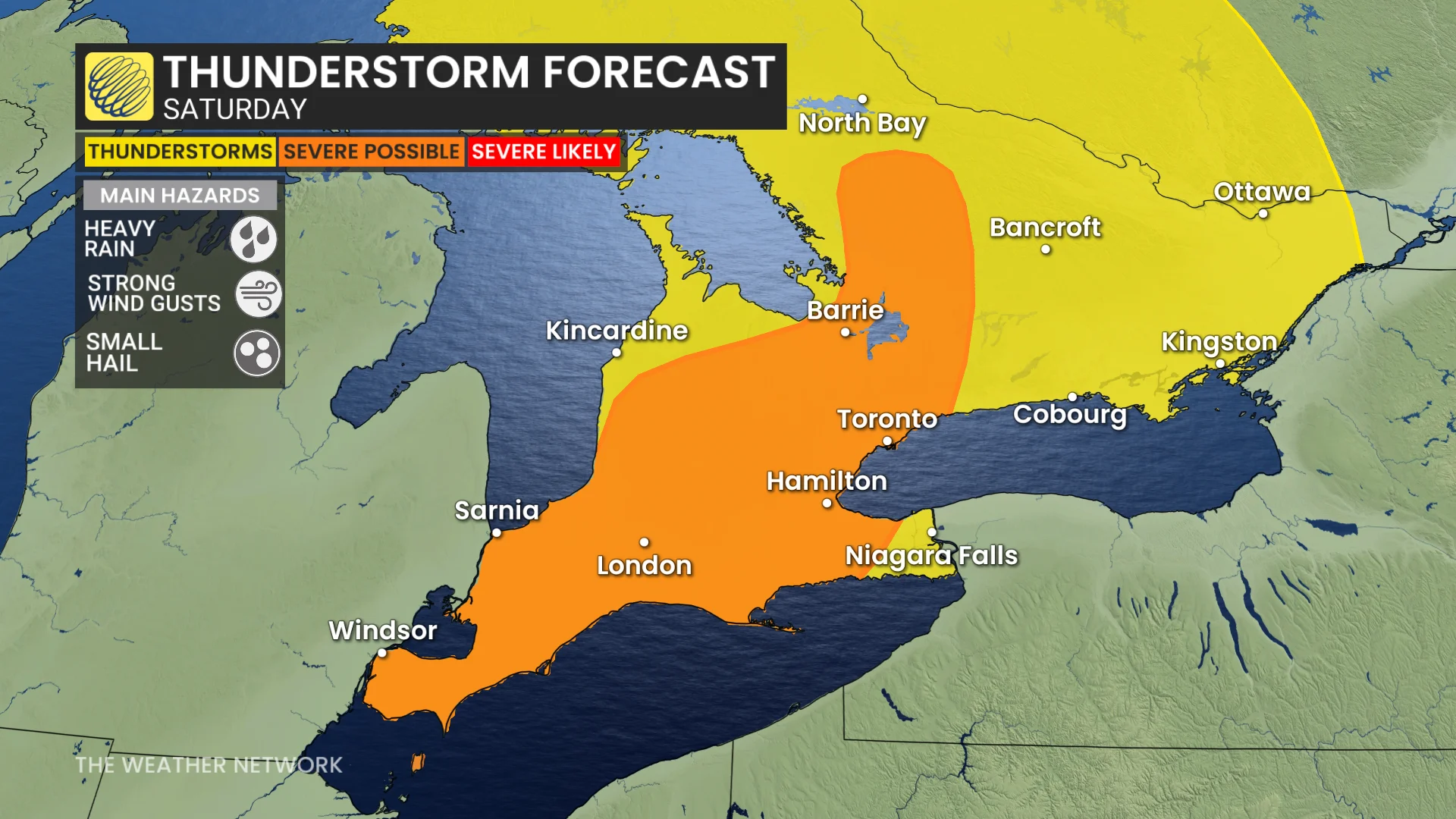 Southern Ontario storm risk map (cropped in) Saturday