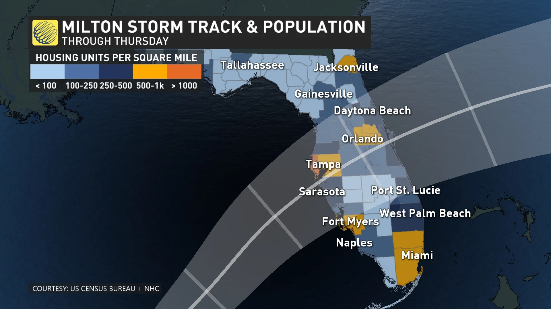 Baron - Milton storm track and impacted population - Oct. 8, 2024