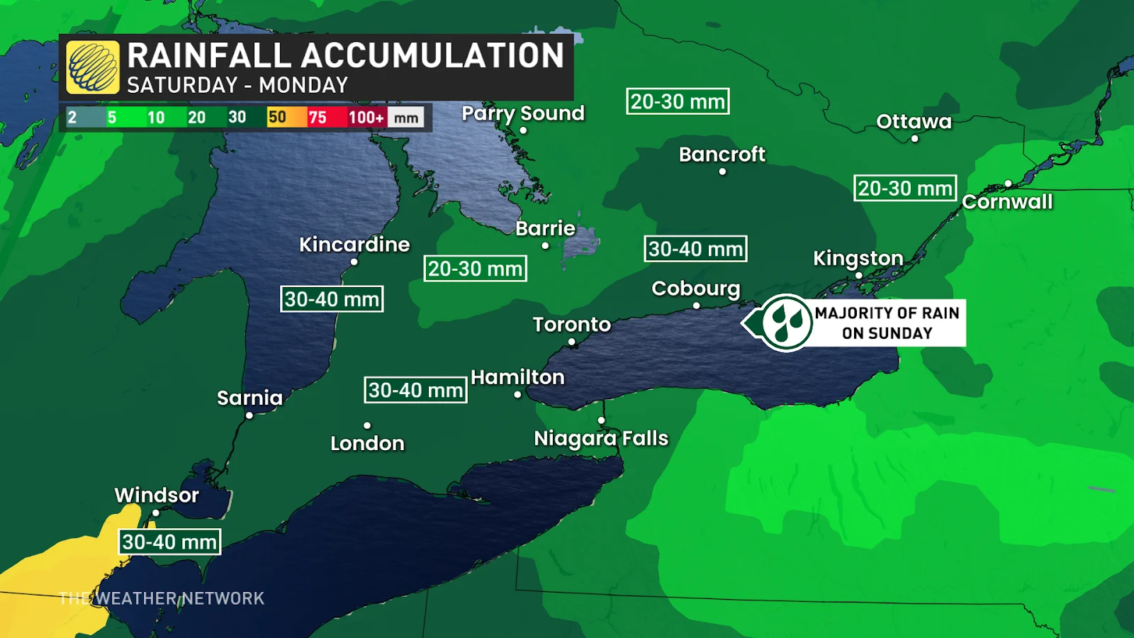 Ontario rainfall through Monday