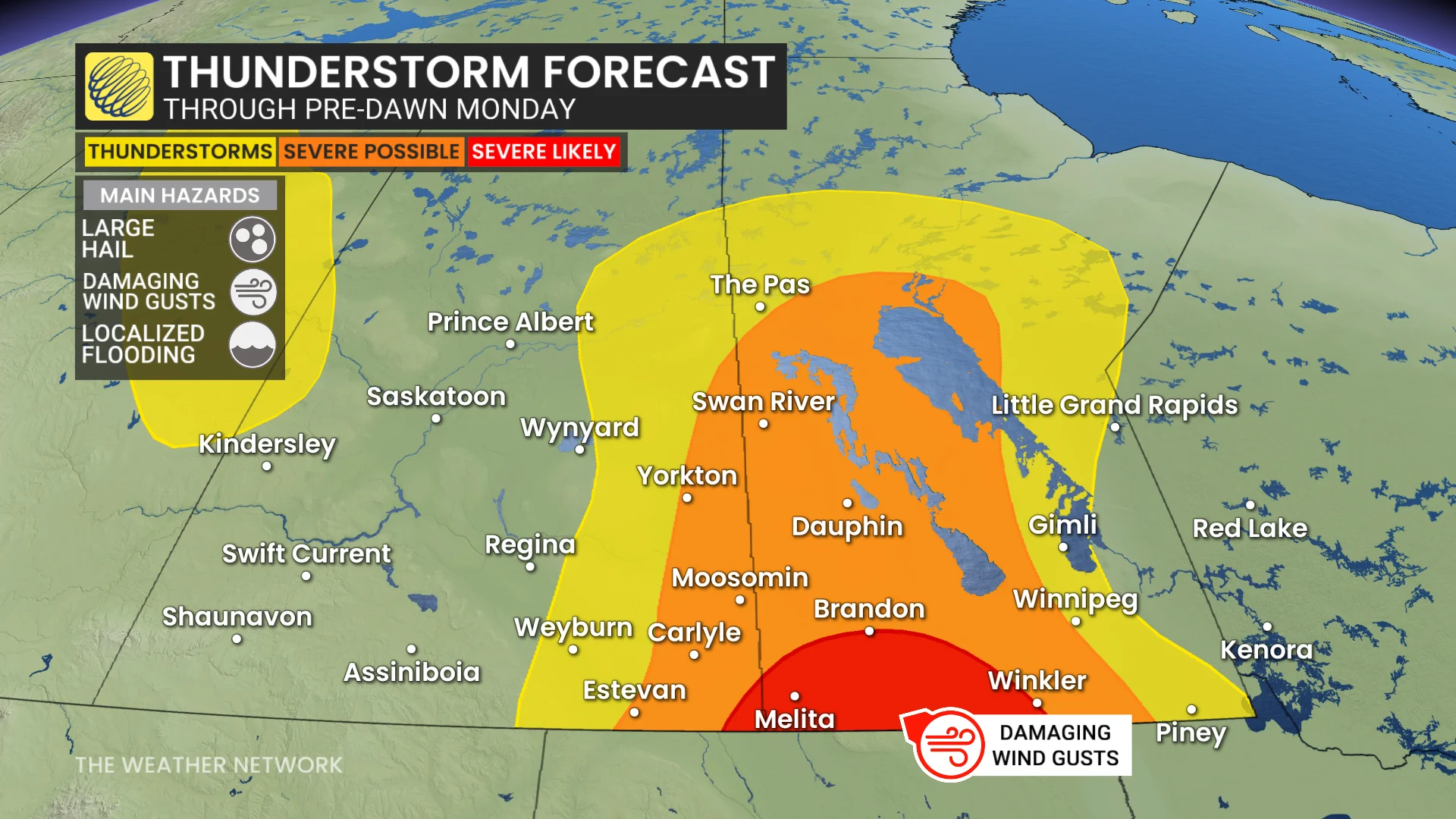 Prairies severe outlook through pre-dawn Monday