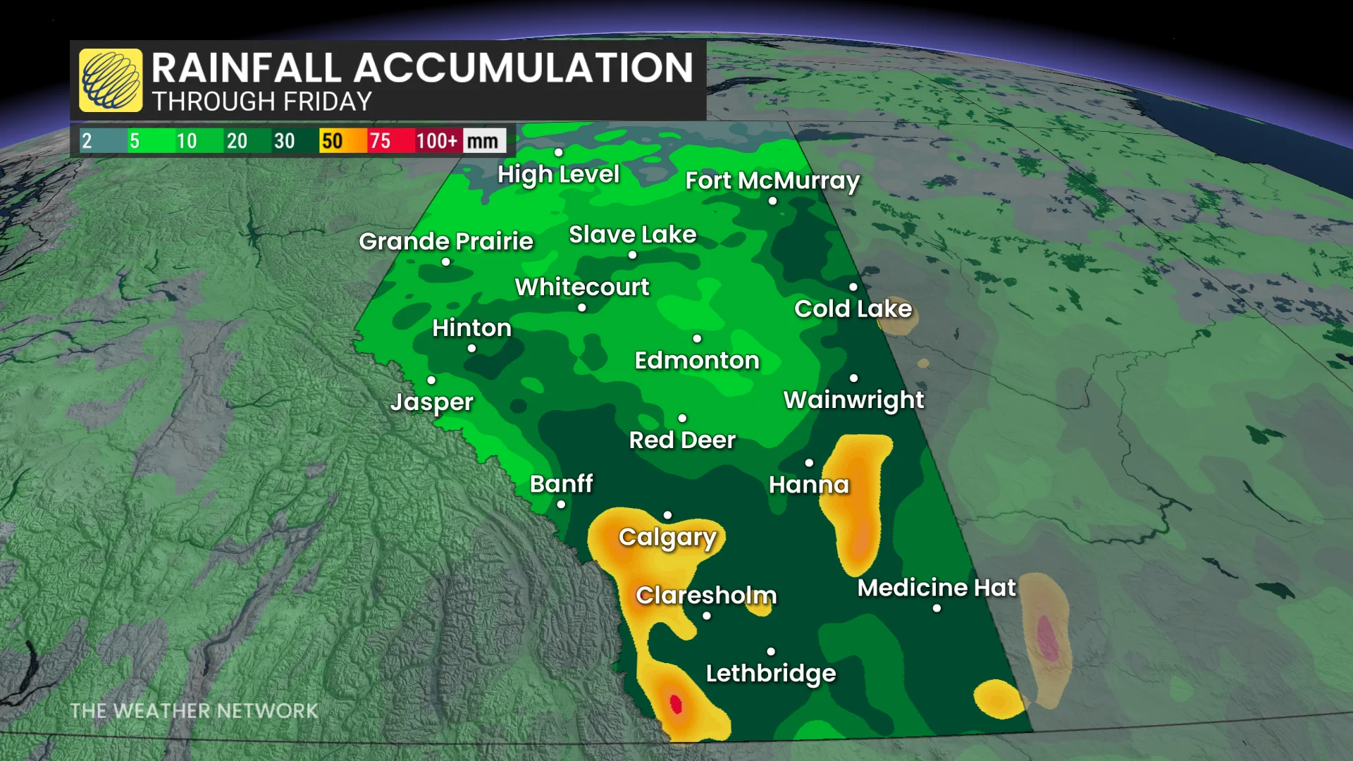 Alberta forecast rainfall by Friday - Aug. 11, 2026