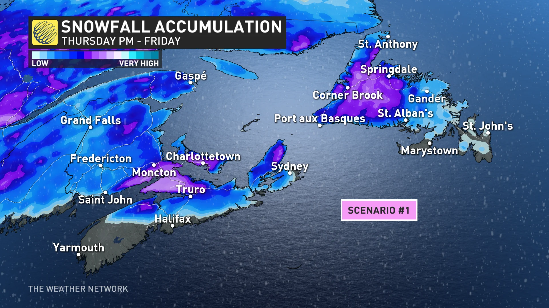 Atlantic Canada scenario 1 snowfall map