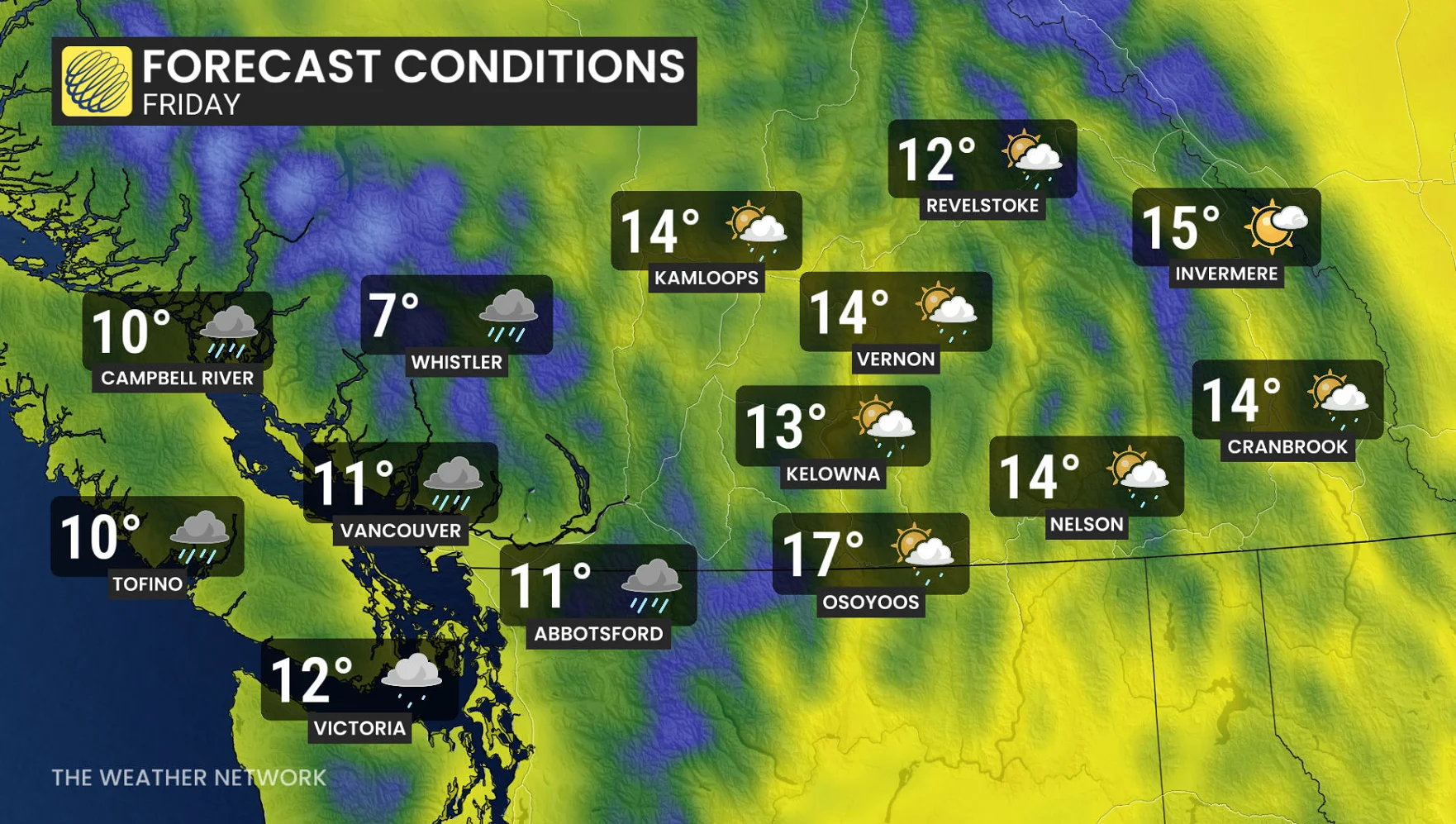 B.C. South Coast and Interior temperatures Friday