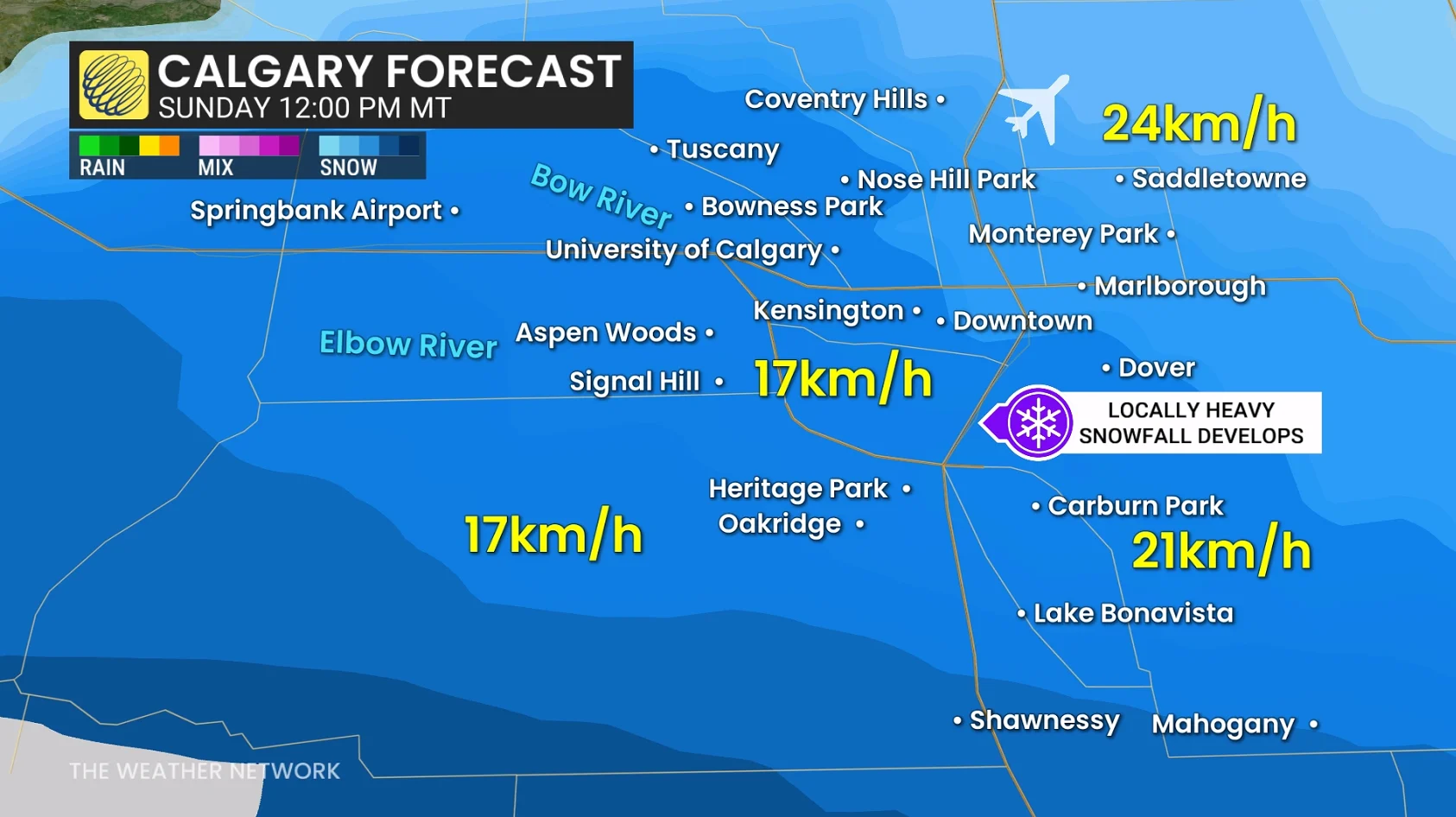 Calgary snow and timing Sunday