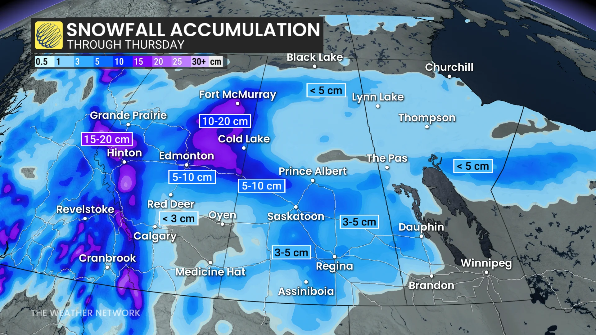 Prairies forecast snow totals through Thursday - Oct. 28, 2026