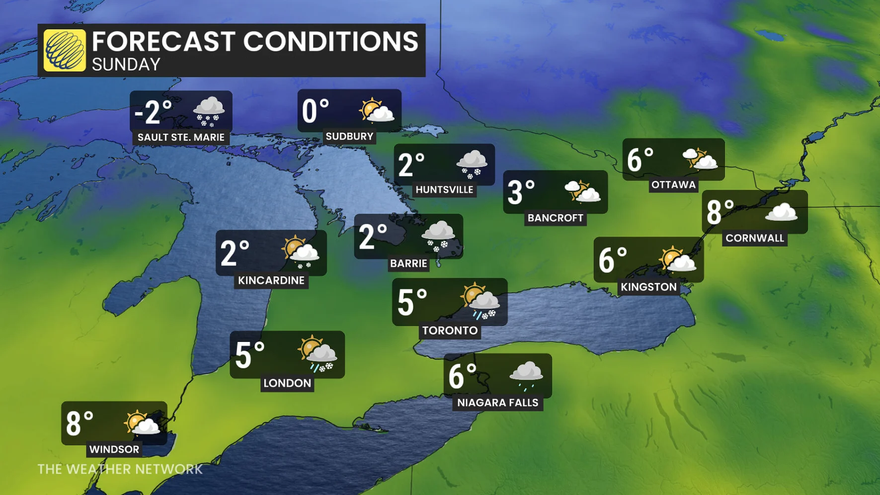 Ontario Sunday temperatures and icons