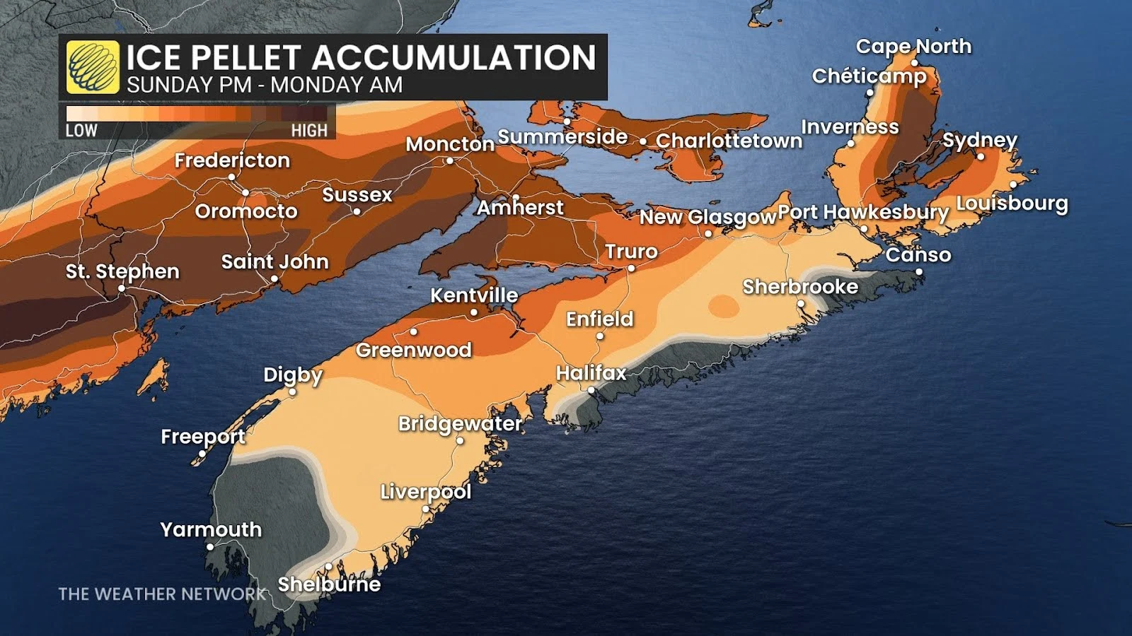 Atlantic Canada forecast ice pellets through Monday - Feb. 16, 2025