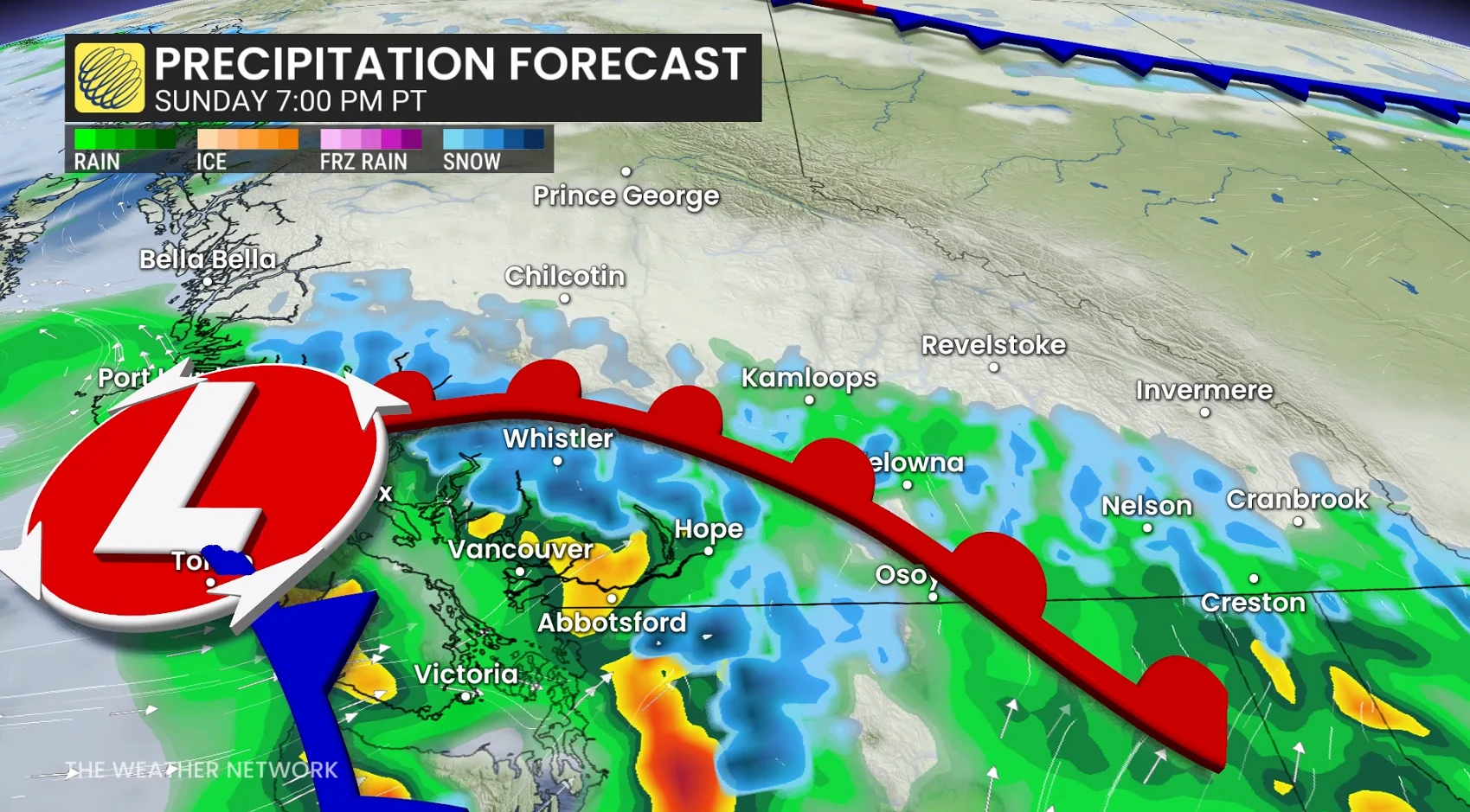B.C. precipitation timing Sunday 7 p.m. 