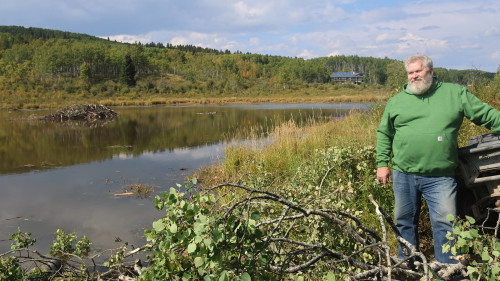 Pierre Bolduc stands near the pond that was once a stream on his Alberta property. His goal is to be completely self-sustainable, which has led him to be one of the largest residential producers of solar energy in Canada. His next plan is to set up a micro-green operation in the hidden compartment of his garage, which he also uses to design art projects with a climate change message. (Rachel Maclean)