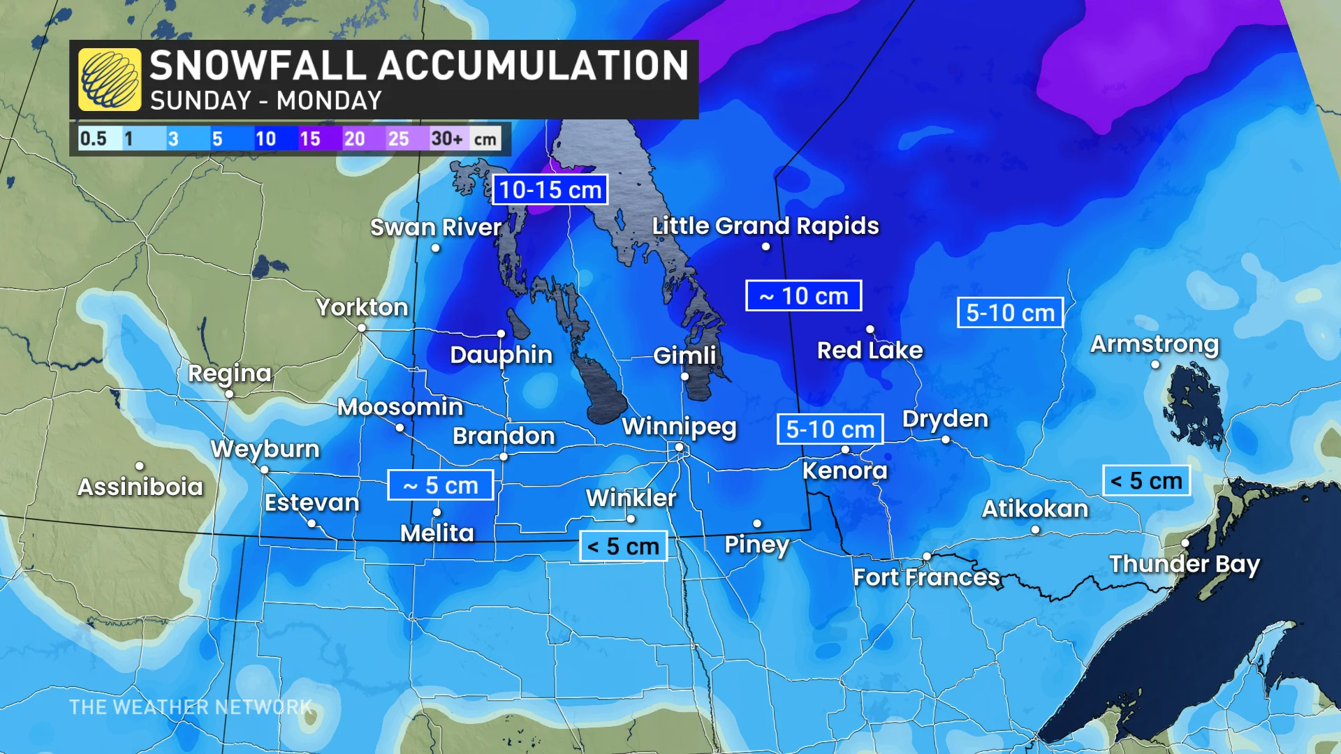 Prairie and northwestern Ontario snowfall accumulation through Monday
