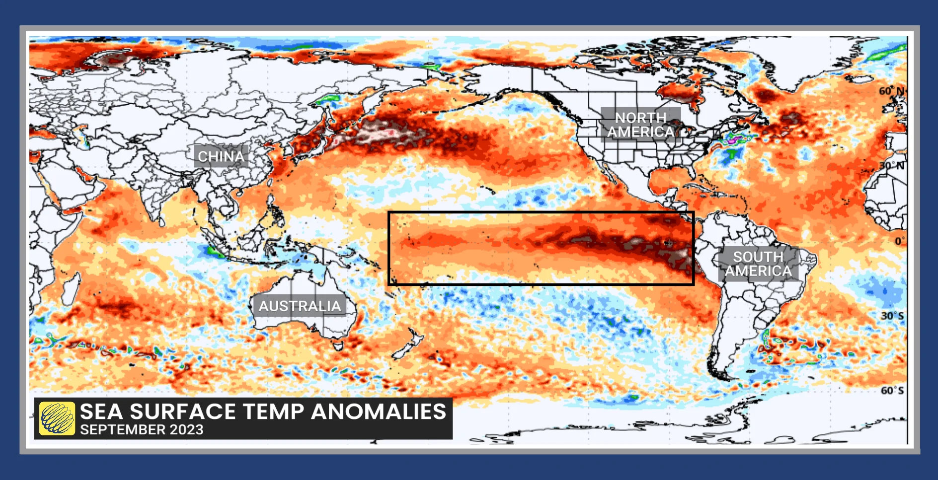 Sea surface temperature anomalies for Sept. 2023 (last year)