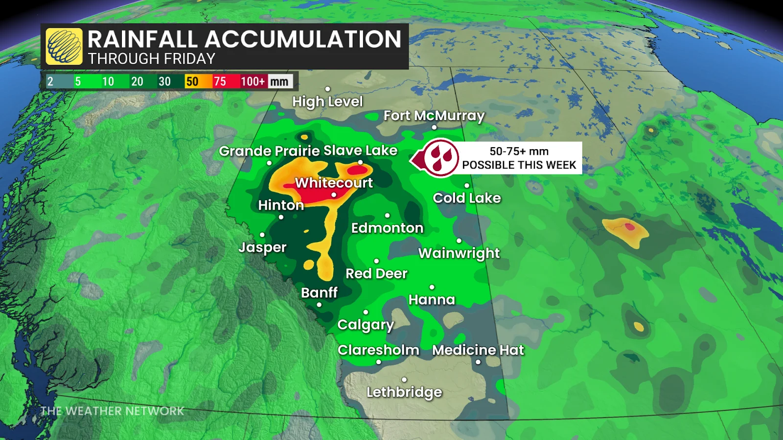 Alberta, Rain, Friday, Forecast, Rainfall, Storm, Thunderstorm, Hail, Wind, August 06, 2025. (The Weather Network/Rachel Modestino)