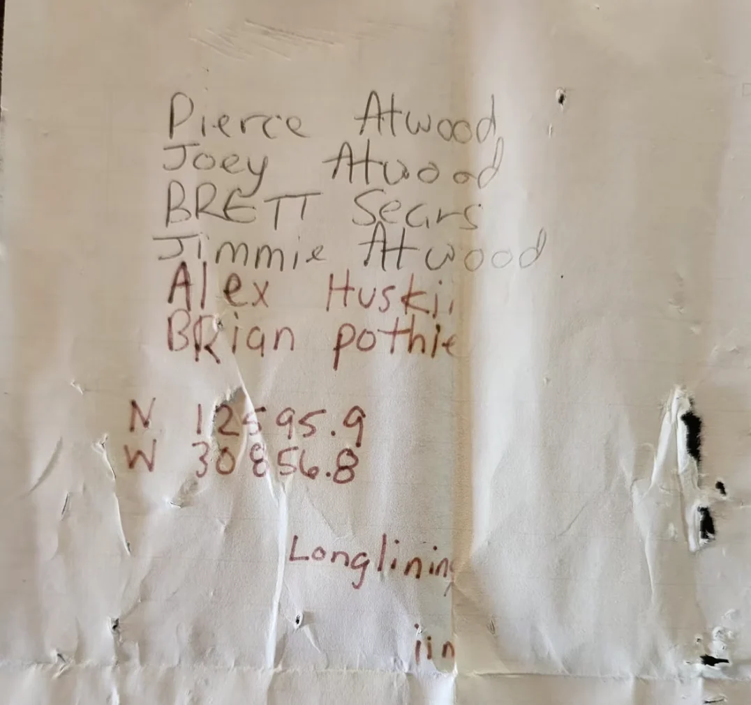 CBC: The note listed the names of the six fishermen who put the bottle in the water, as well as geographic co-ordinates of where they dropped the bottle. (Submitted by Byron Miller)