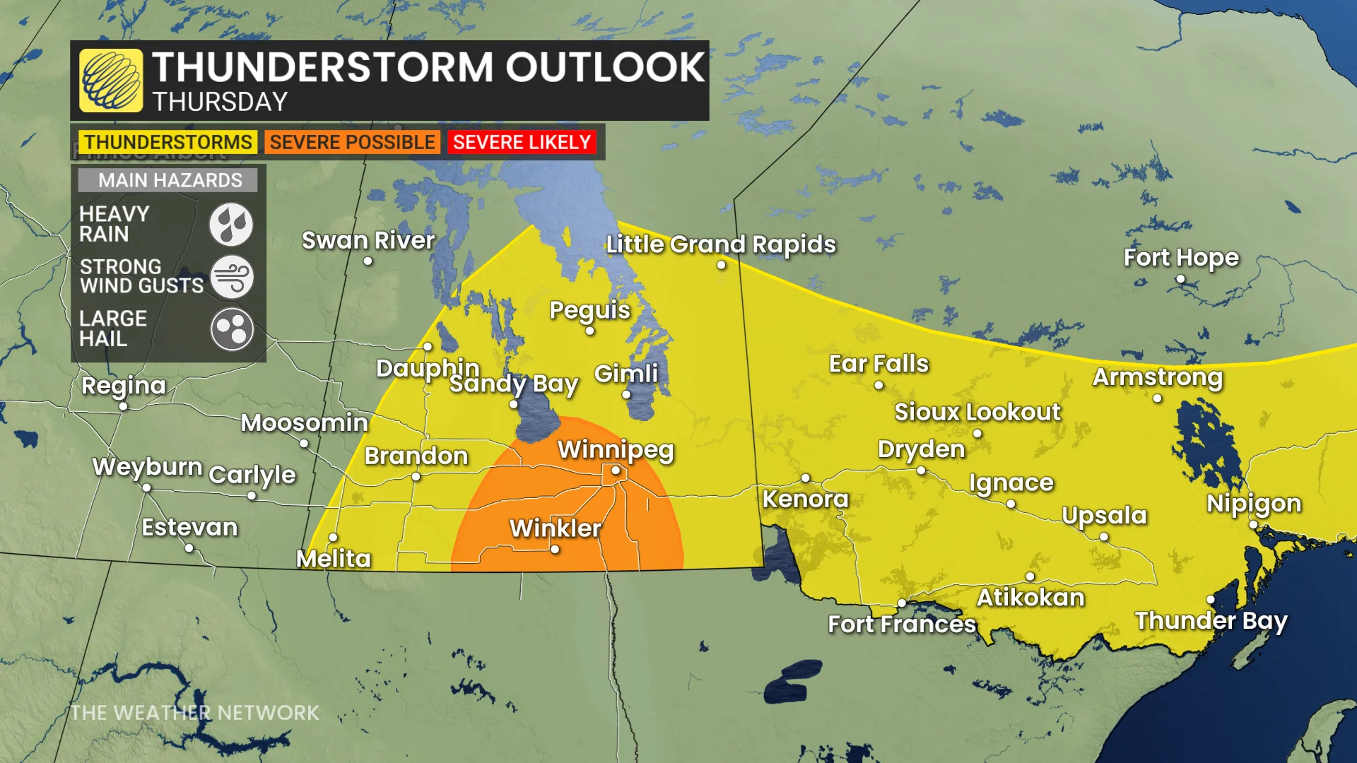 Manitoba/northwestern Ontario Thursday storm risk map