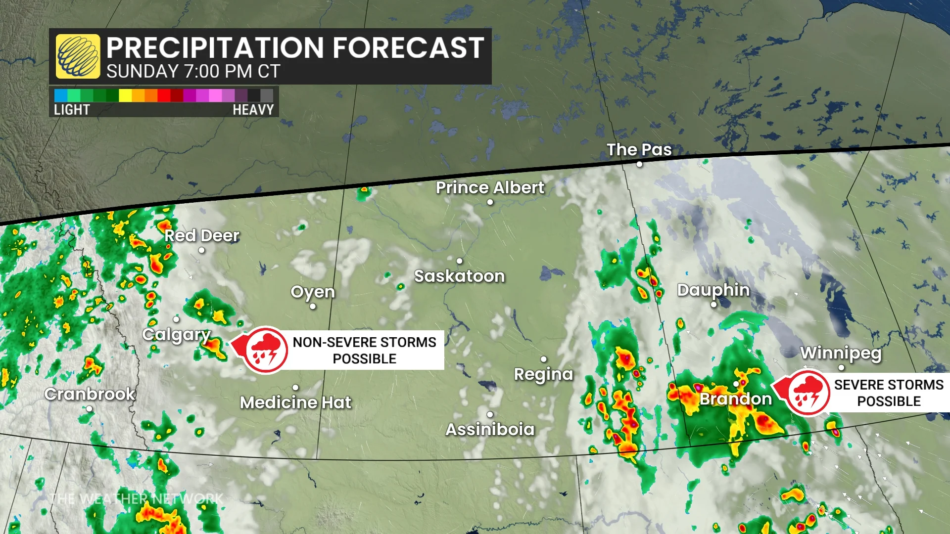 Prairies precipitation timing Sunday evening