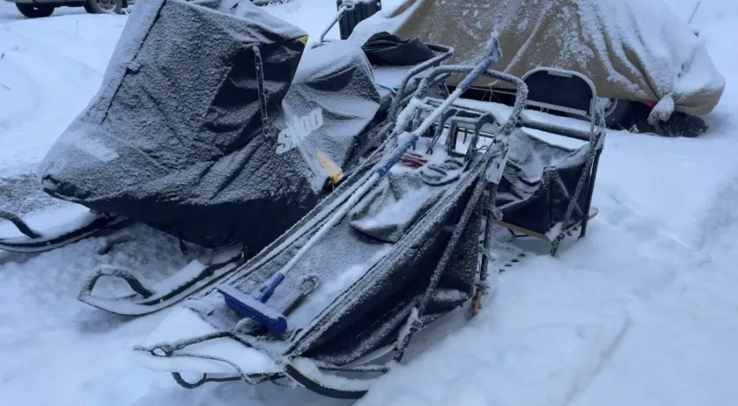 CBC: Kotelko's dog sled lying unused in her front yard. She hopes to use it at least once before the event begins, less than a month from now. (Katie Todd/CBC)
