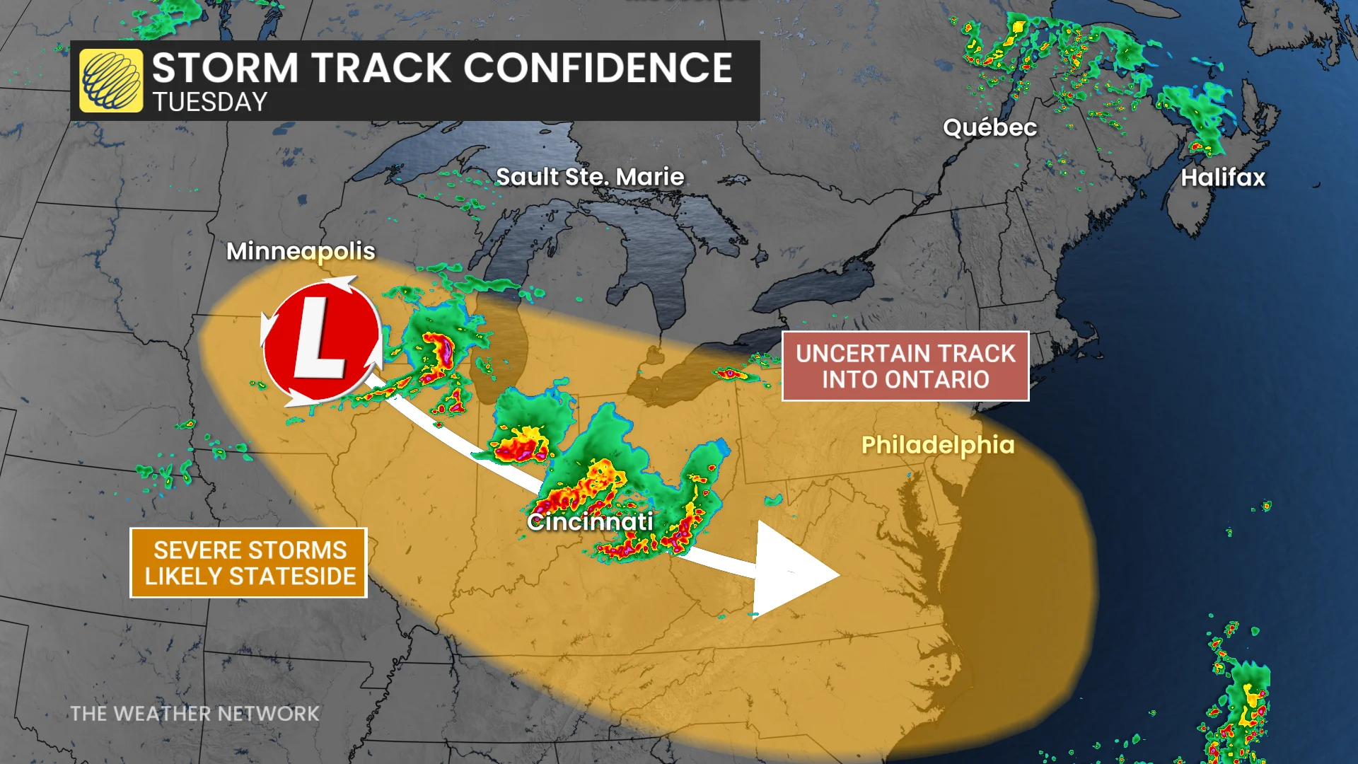 US Midwest and Eastern Canada forecast storm track - Aug. 11, 2026