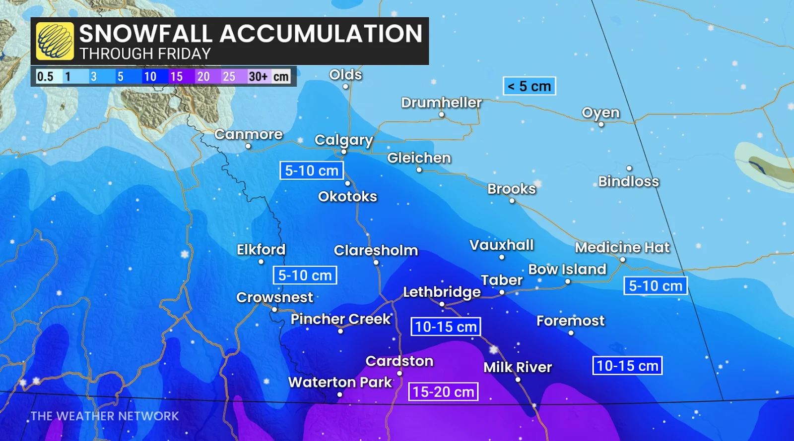 Southern Alberta forecast snowfall Friday - Nov. 26, 2025