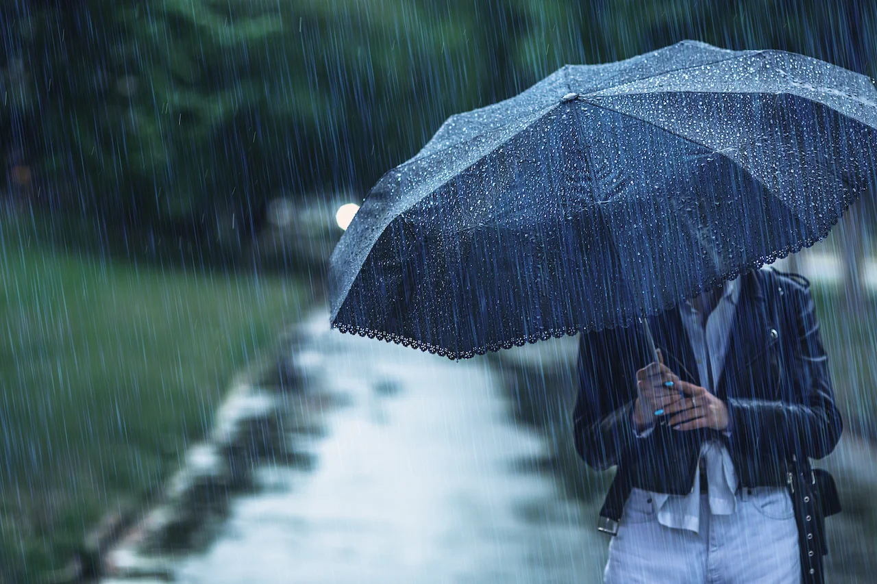 Umbrella in the rain/GettyImages-1476190237