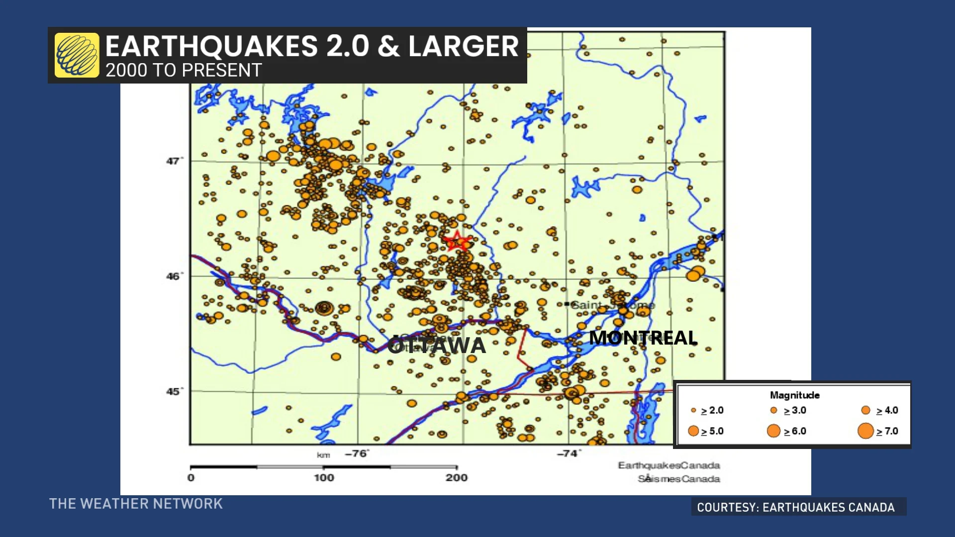 Erathquakes 2.0 magnitude and larger in Quebec (2000 to present)