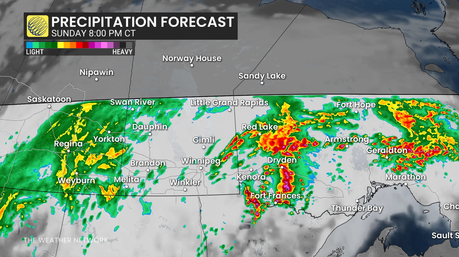Precipitation timing Manitoba/northwestern Ontario Sunday evening