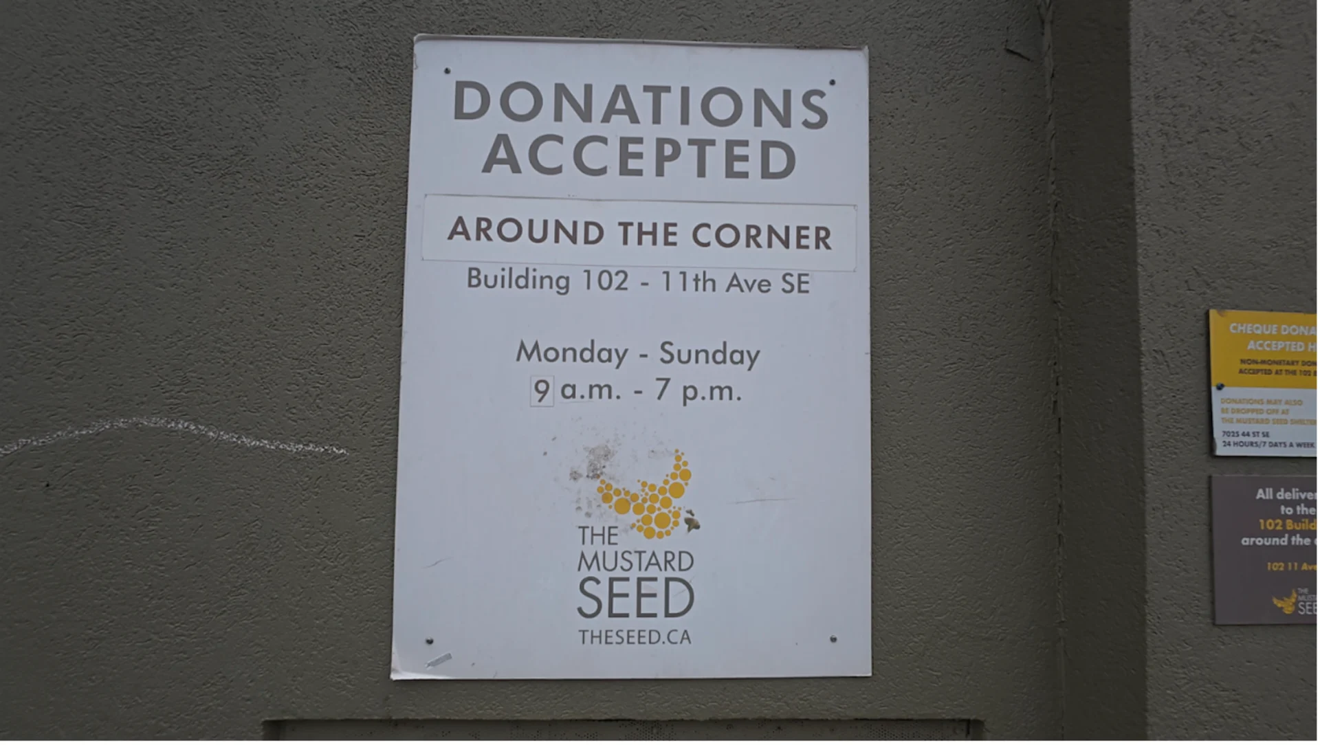 Connor O’Donovan | Donation information for the Calgary branch of the Mustard Seed is seen here. 