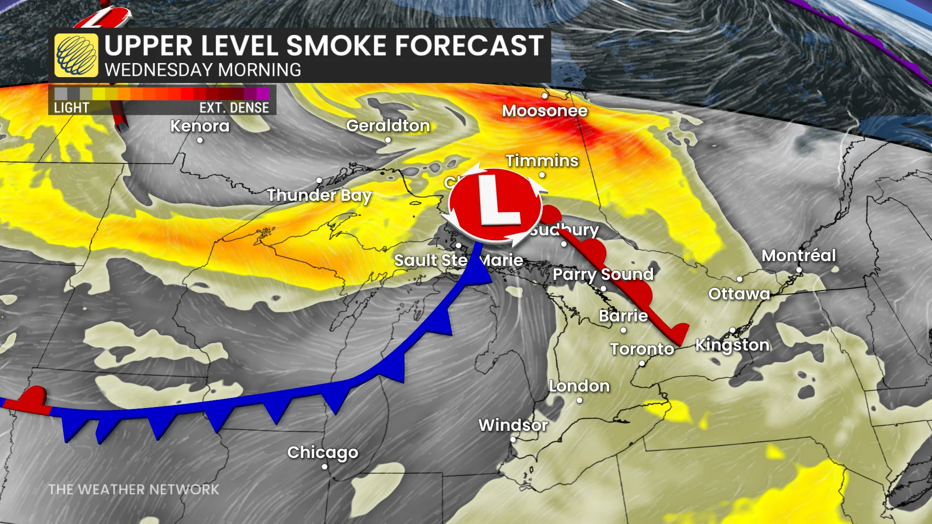 Ontario upper-level smoke forecast Wednesday morning