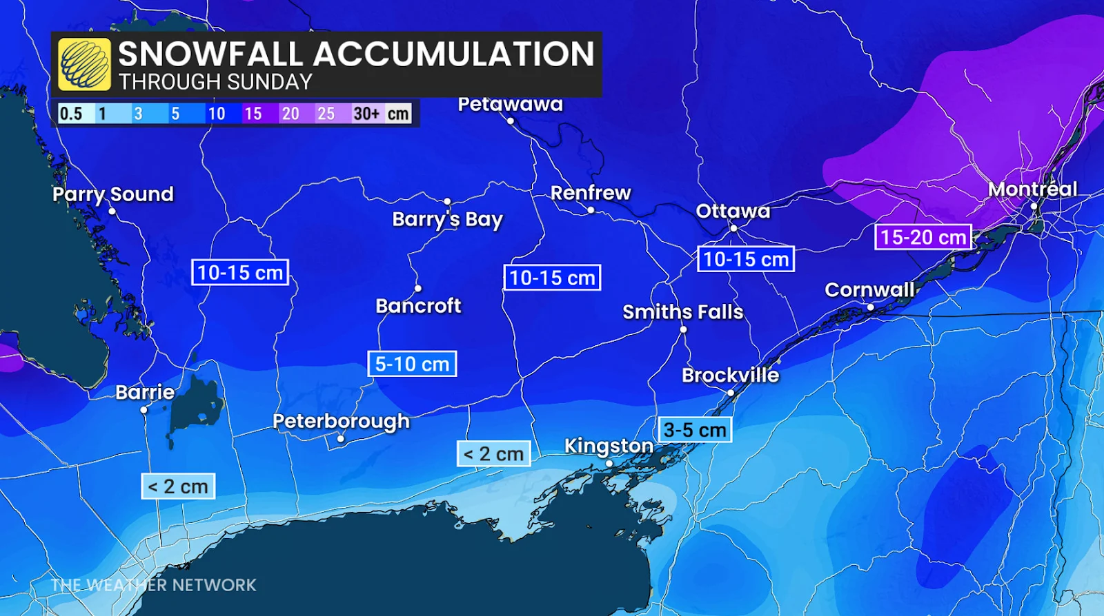 Eastern Ontario snowfall through Sunday