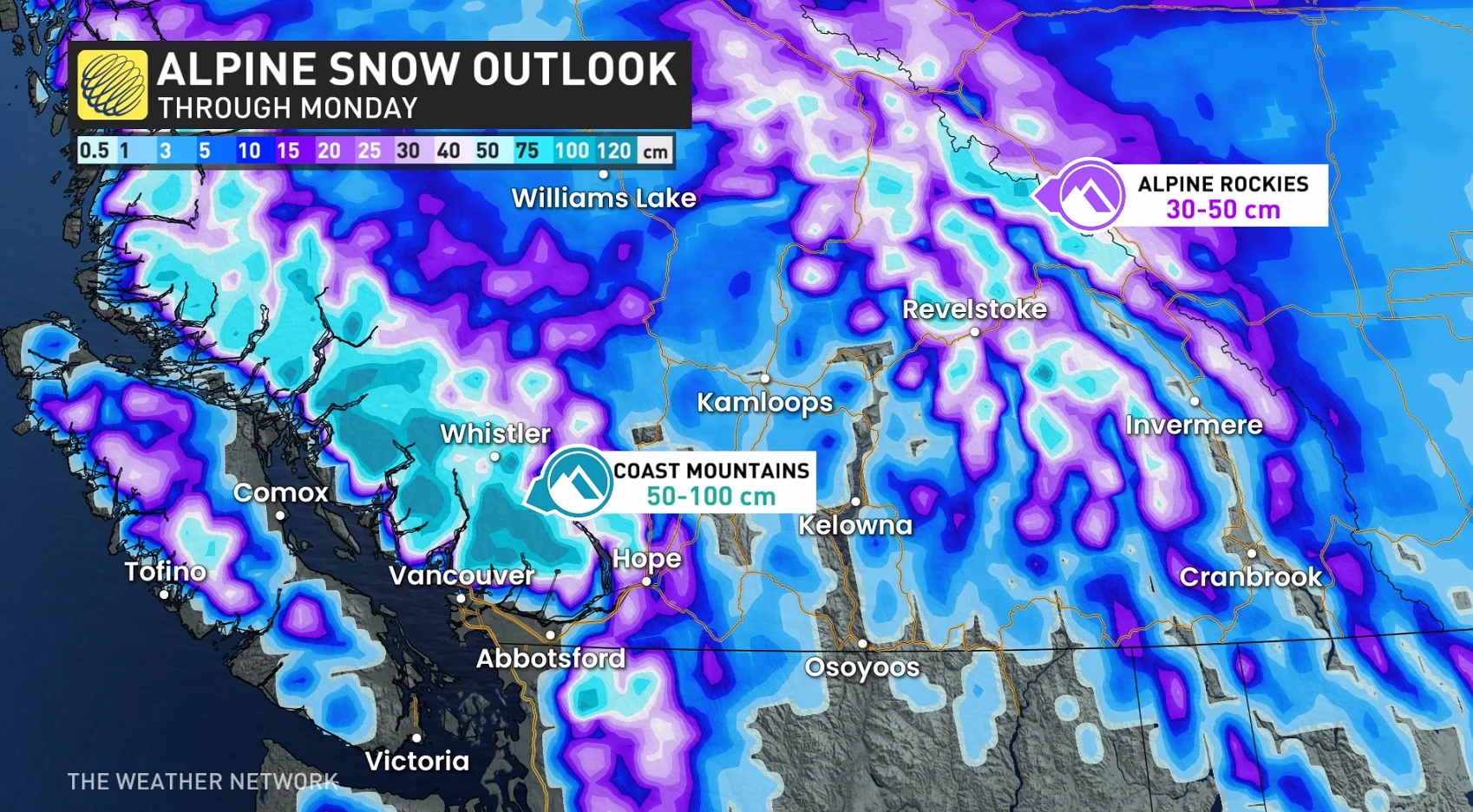 B.C. alpine snow through Monday