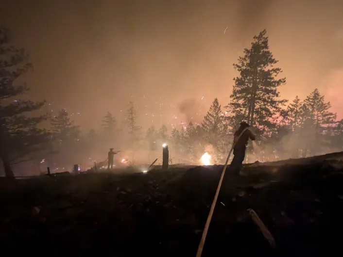 CBC: Firefighters work through the night to douse flames of the Bald Range wildfire on Aug. 7. (B.C. Wildfire Service)