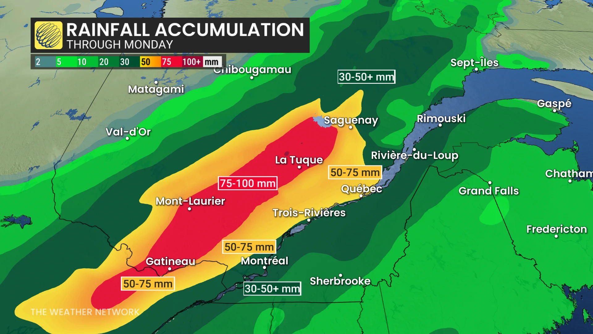 Quebec rainfall totals through Monday