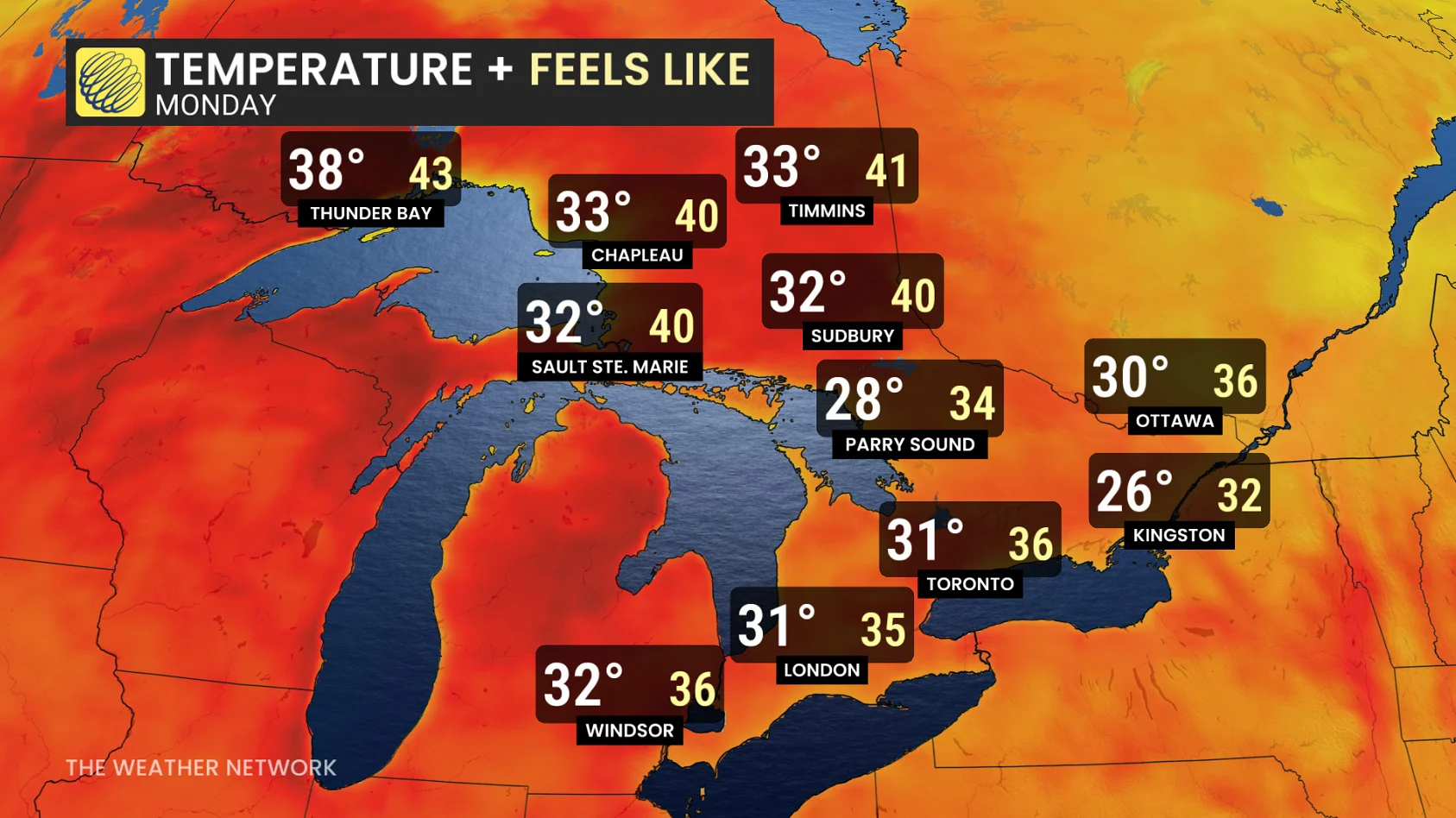 Ontario Monday forecast temperatures and humidex - July 12, 2026