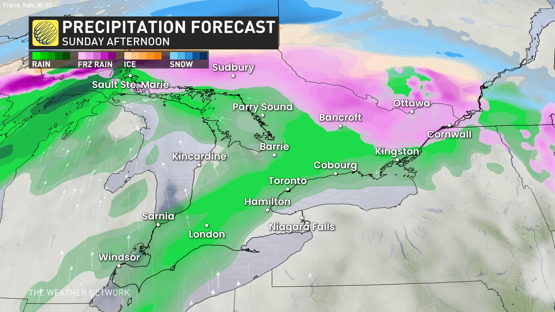 Ontario Sunday afternoon precipitation timing forecast