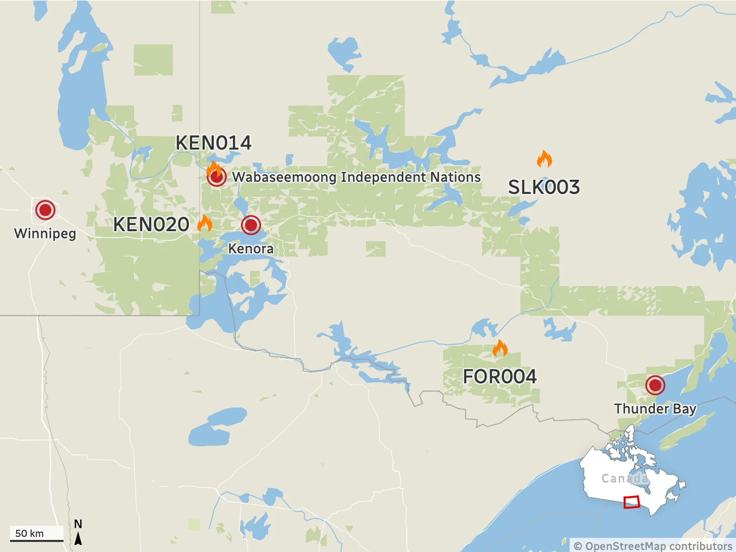 Kenora, Map, Ontario, Wildfire, Smoke, Highway, May 16, 2025. (CBC News/OpenStreetMaps contributors)