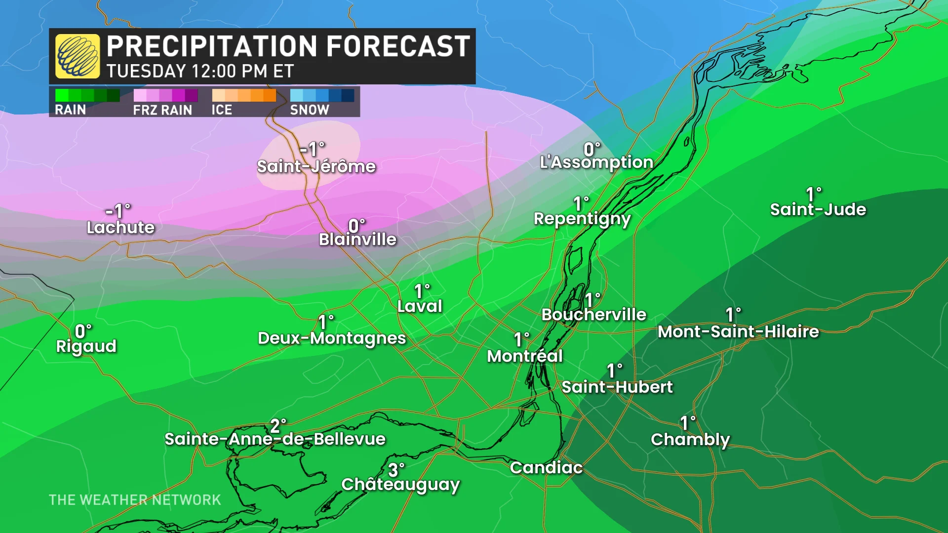 Southern Quebec precipitation timing Tuesday noon