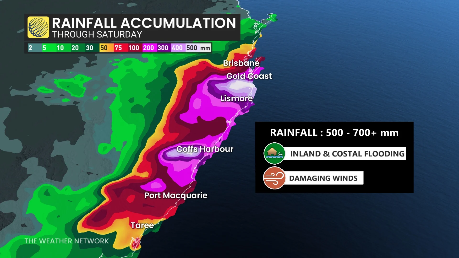 Cyclone Alfred rainfall accumulation through Saturday