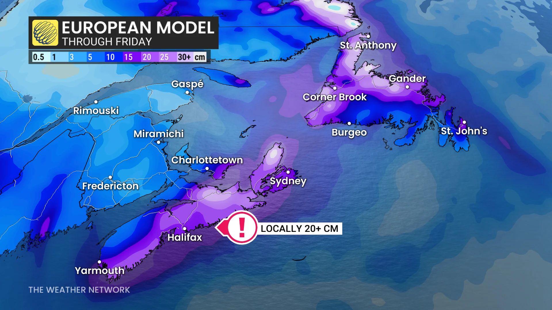 Atlantic Canada European model snowfall through Friday