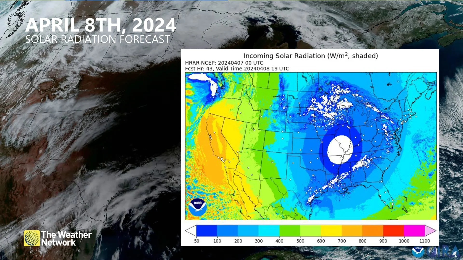 Solar radiation April 8 eclipse North America