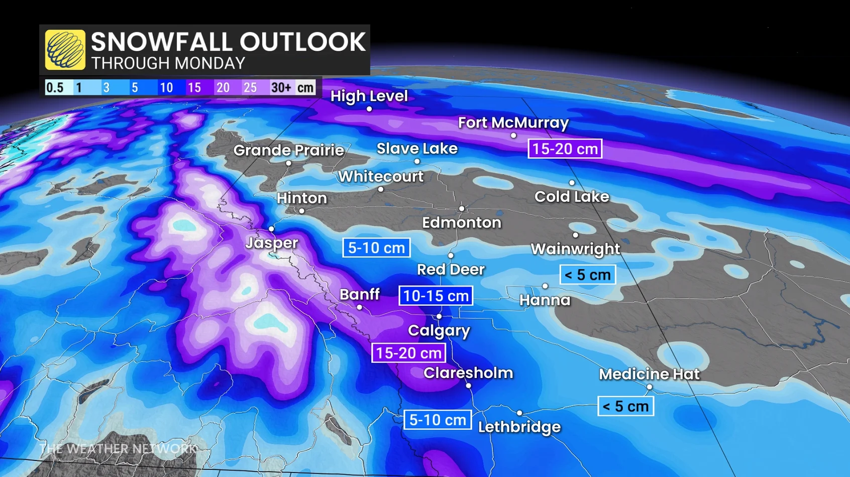 Alberta snow through Monday