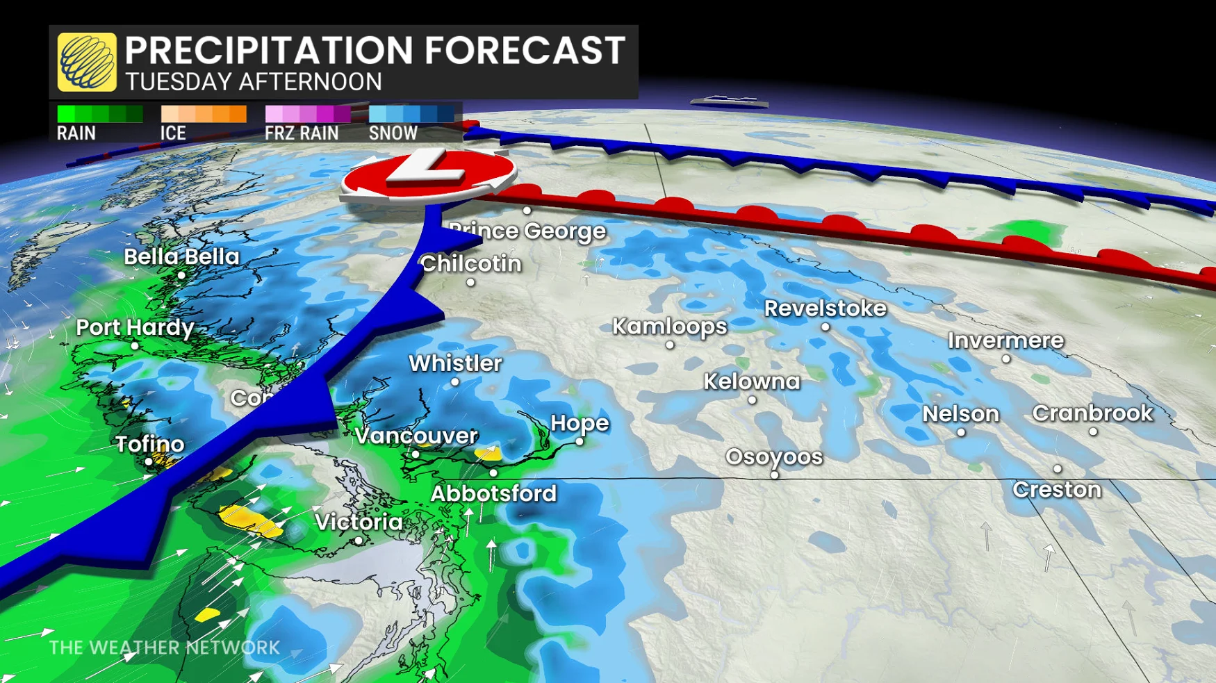 B.C. precipitation timing Tuesday afternoon
