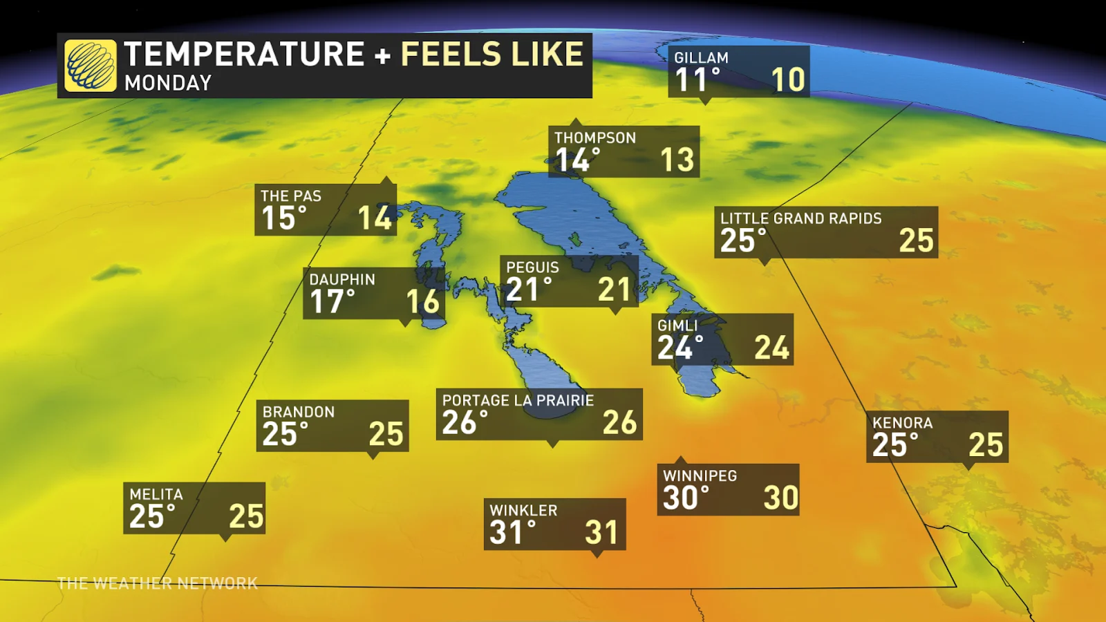 Manitoba temperatures Monday