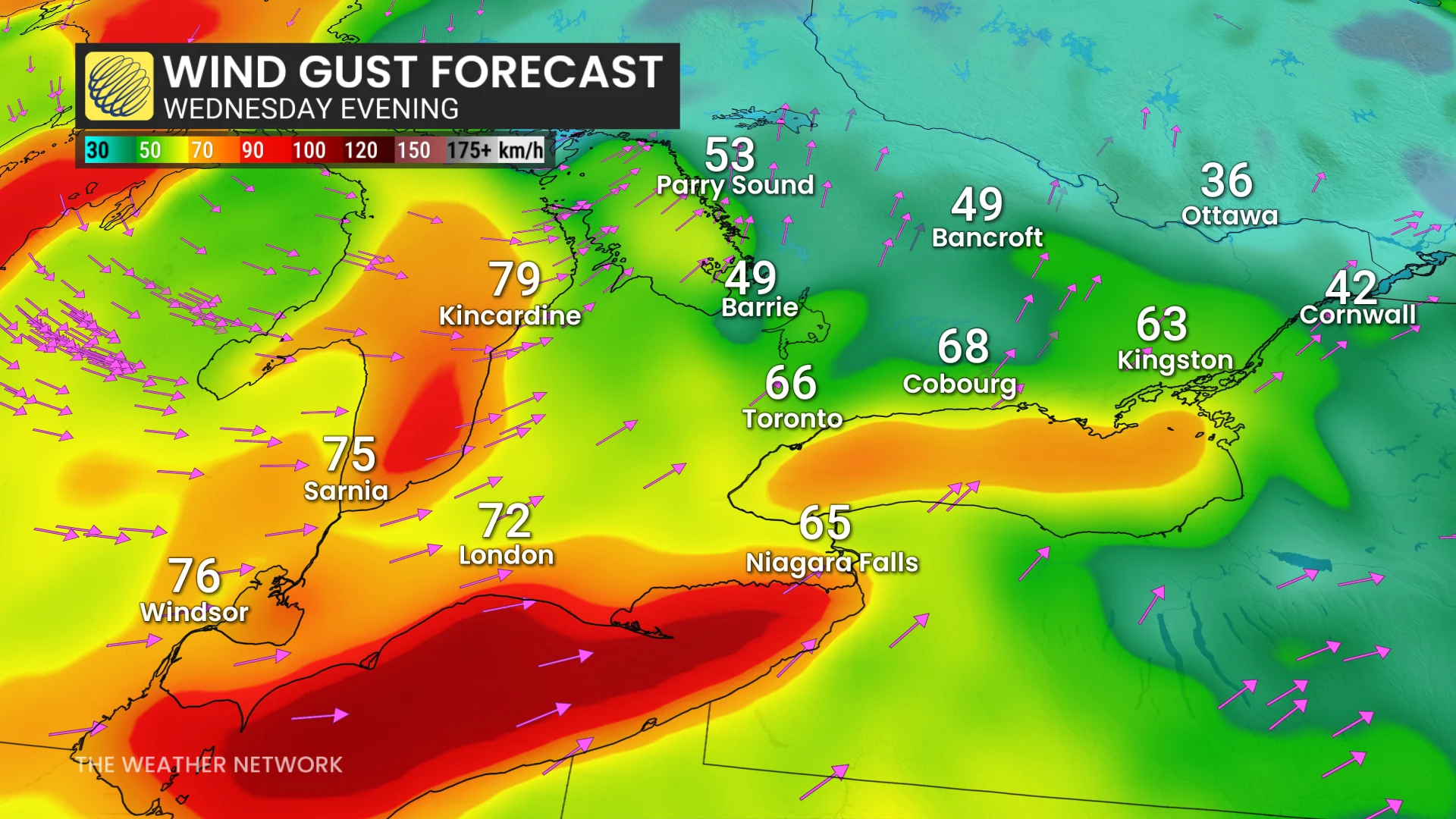 Ontario wind gusts Wednesday evening