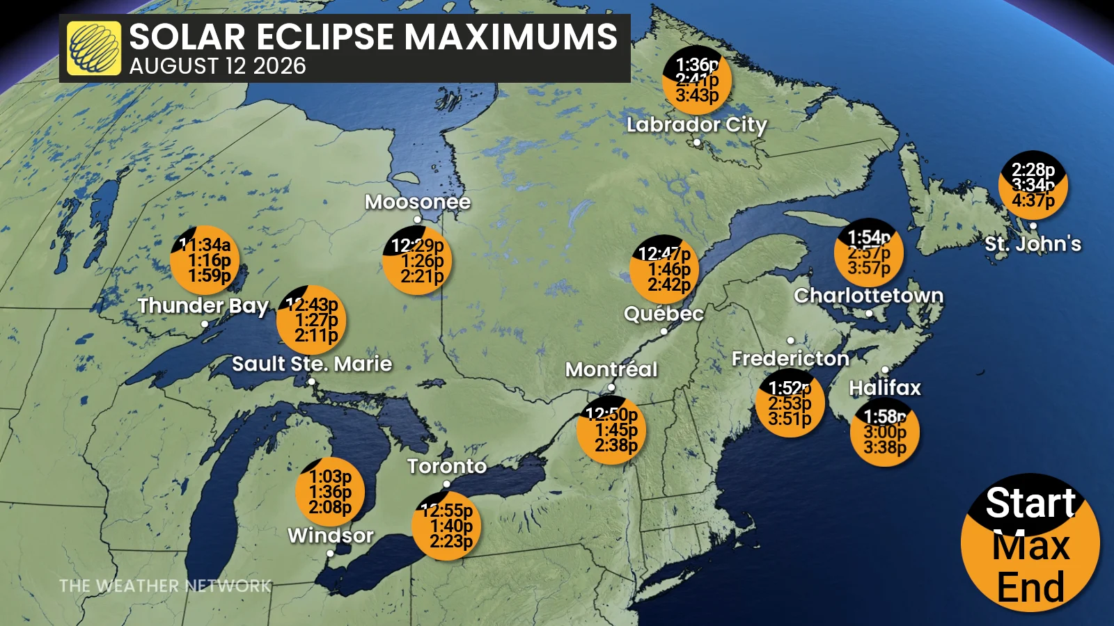 August 12 2026 Partial Solar Eclipse Maximums - East