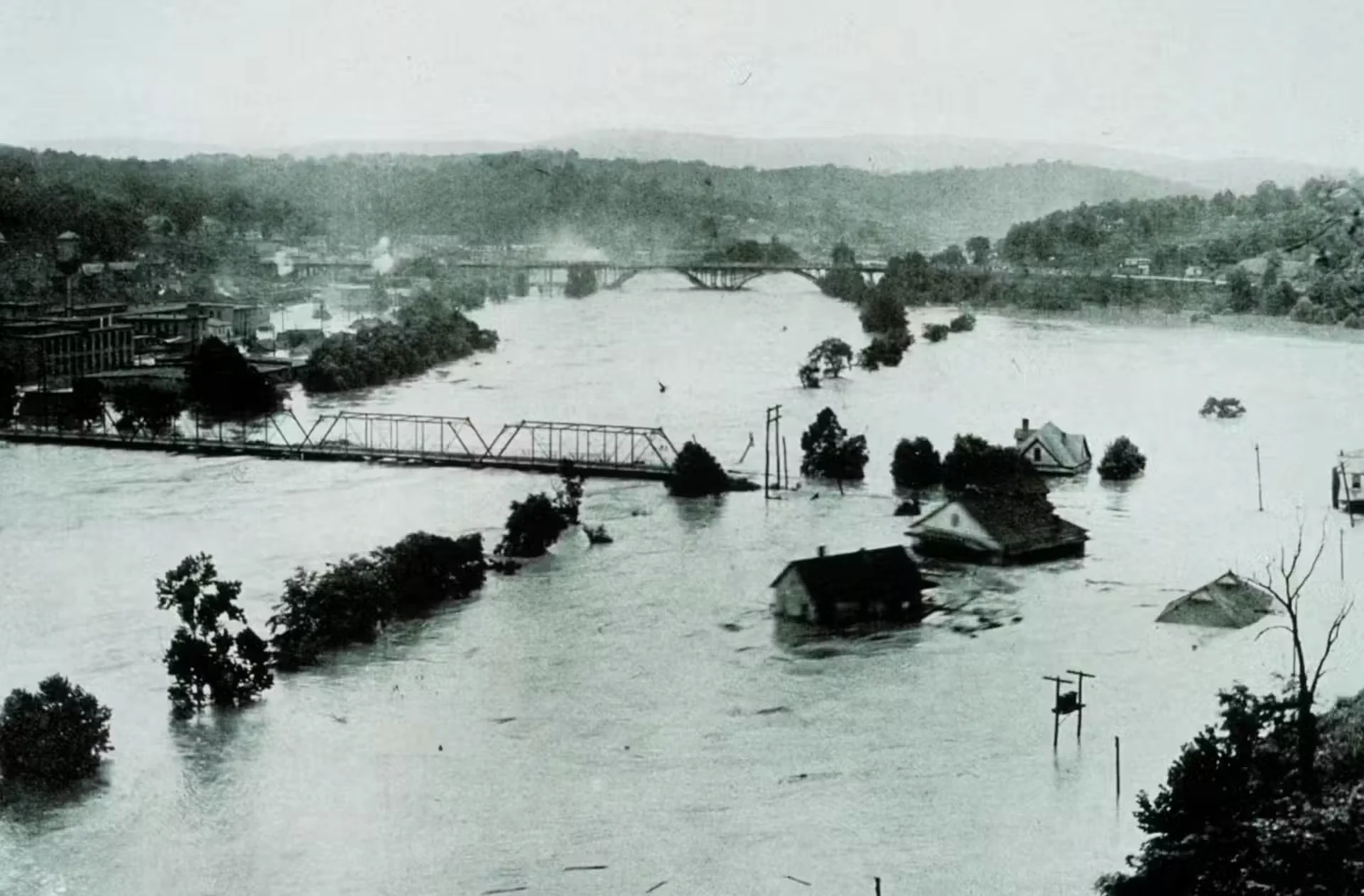 noaa: The French Broad River spread far beyond its banks, wiping out railroad tracks and inundating neighborhoods and factories during the storms in 1916. Archival Photography by Steve Nicklas/NOAA
