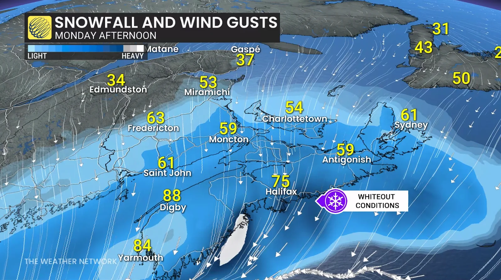 Maritimes Monday afternoon forecast snow and winds - Feb. 23, 2026