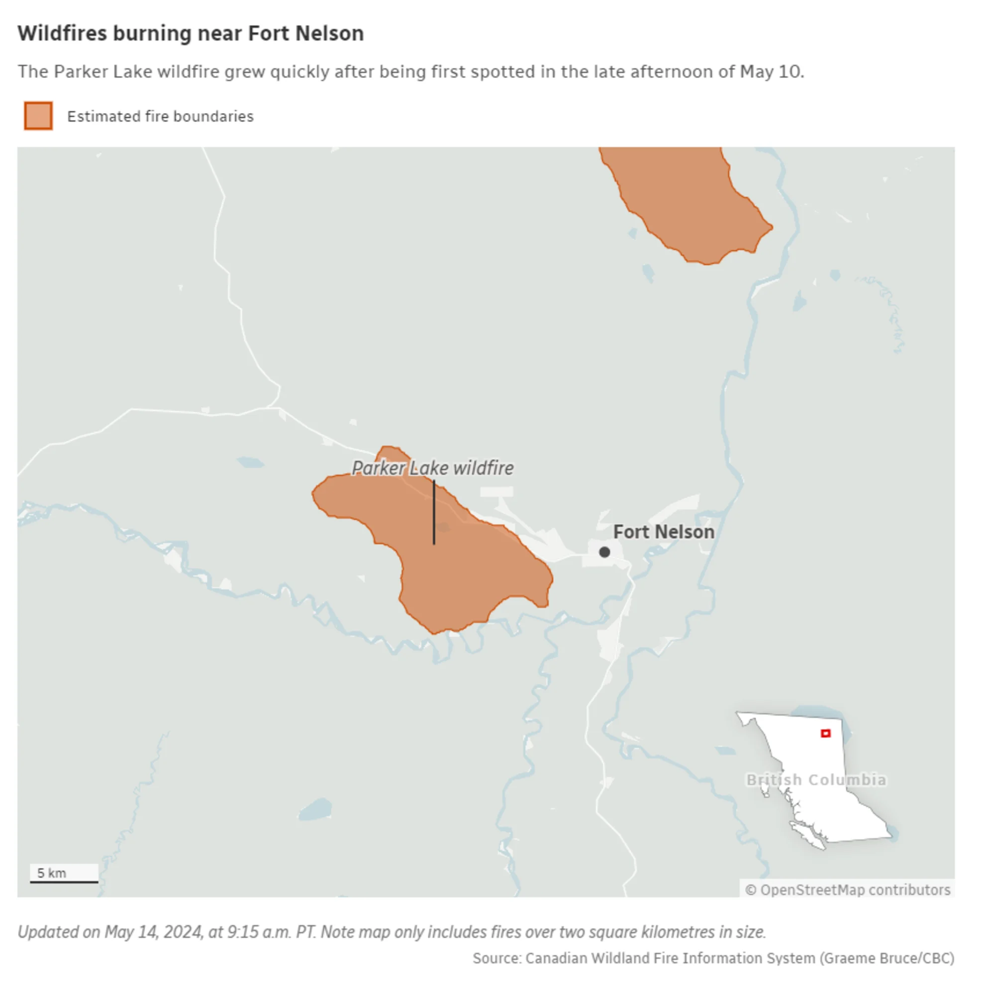 CBC - Wildfires burning near Fort Nelson